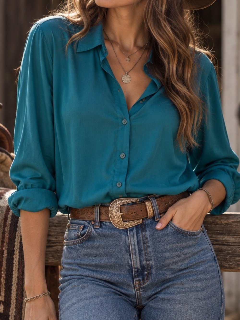 Zenana Outfitters Teal Button-Down Blouse